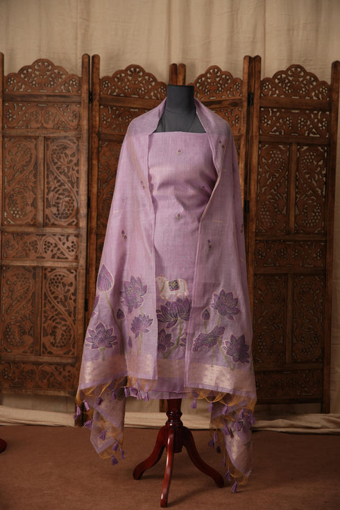 Contemporary Cow Lavender Muga Cotton Jamdani Unstitched Suit Set